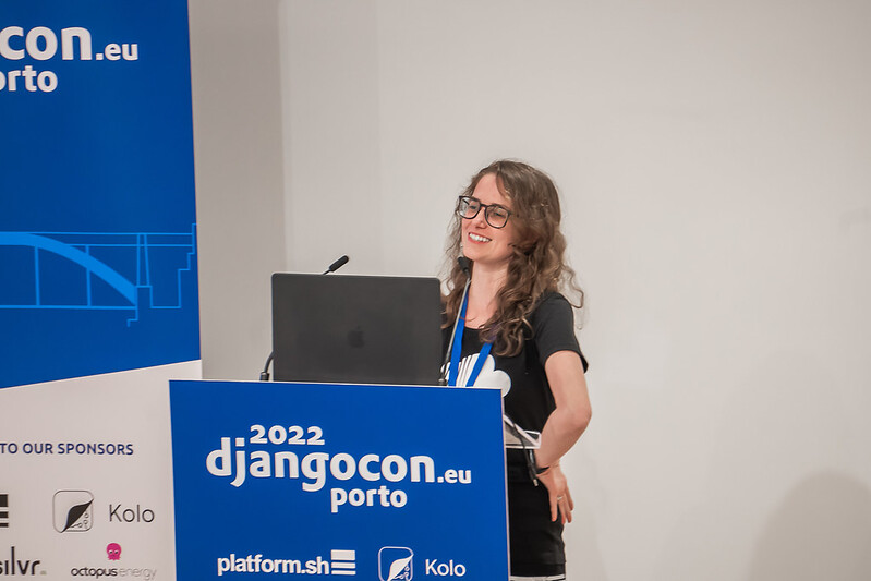 Speaker on stage at DjangoCon Europe 2022 in Porto